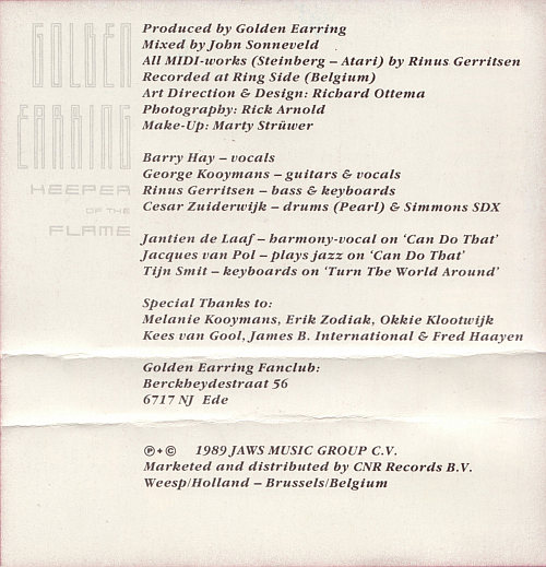 Golden Earring Keeper Of The Flame cassette inlay inner 1989 Netherlands